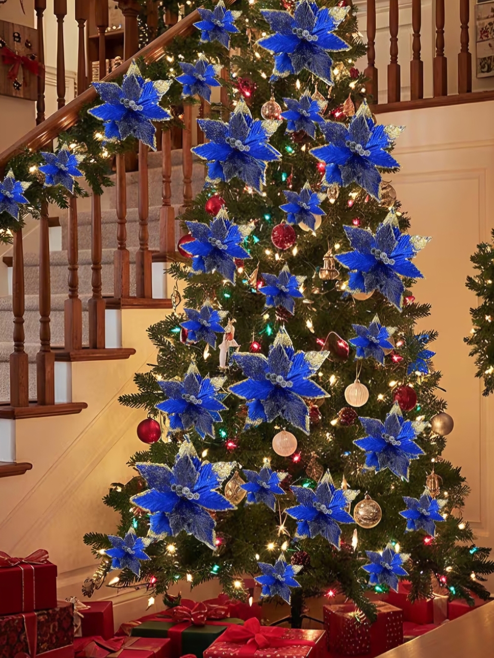 Blue Velvet Poinsettia Holiday Ornaments - Home Holiday. 18 Pieces. NWT.
